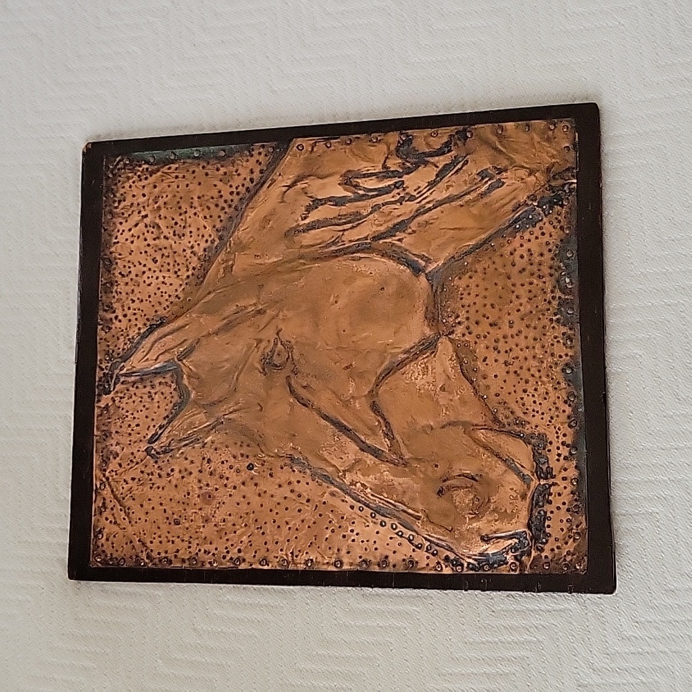 Vintage Hammered Copper Horse on Wood